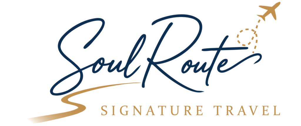 SoulRoute Signature Travel logo featuring elegant navy blue script lettering with gold accents, a winding road, and an airplane symbol representing custom luxury travel experiences.
